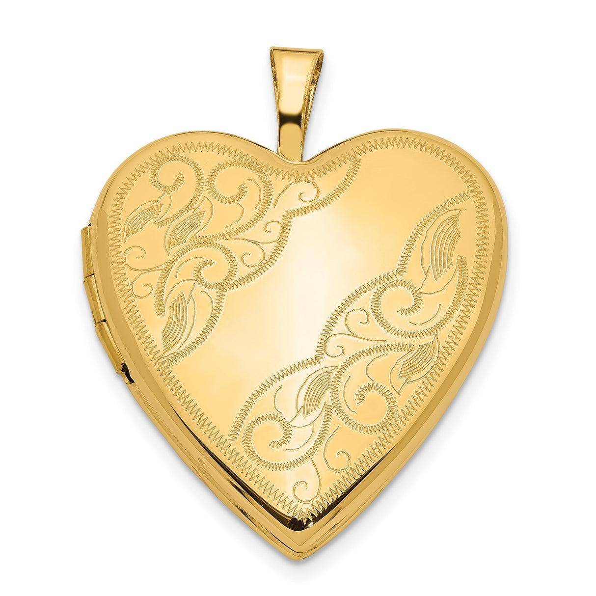 14k Yellow Gold Heart Locket Pendant with Floral Scroll Engraving, Classic Keepsake Jewelry for Women