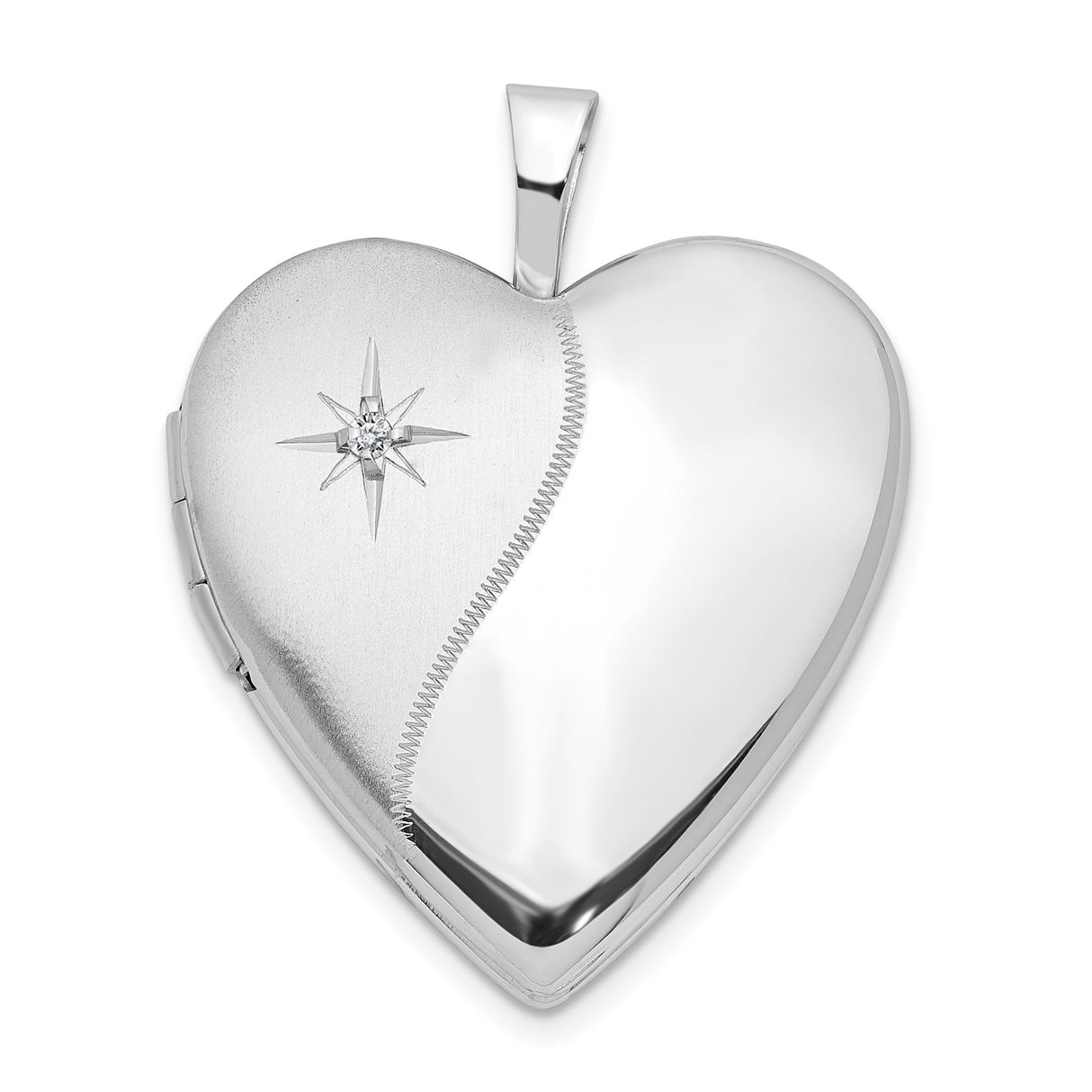 14k White Gold Heart Locket Pendant with Diamond Starburst Engraving