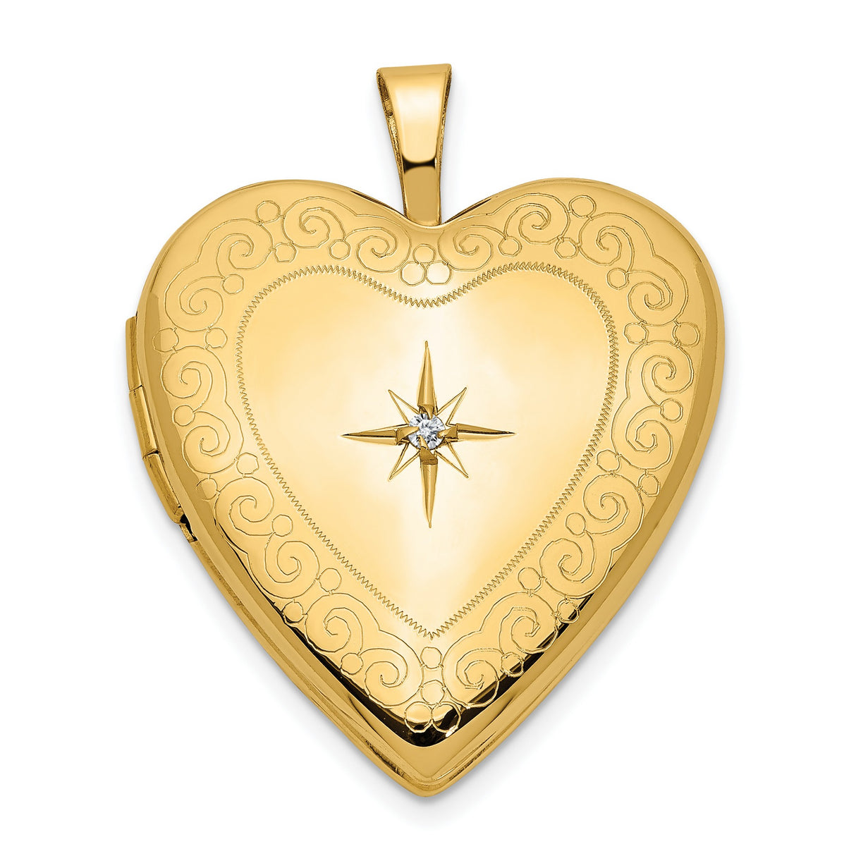 14k Yellow Gold Heart Locket Pendant with Diamond and Swirl Starburst Design for Women