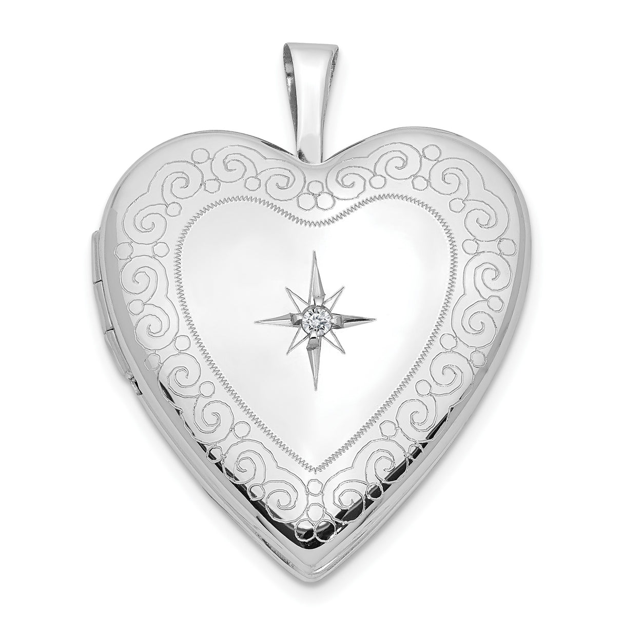 14k White Gold Heart Locket Pendant with Diamond Accent and Scroll Engraving