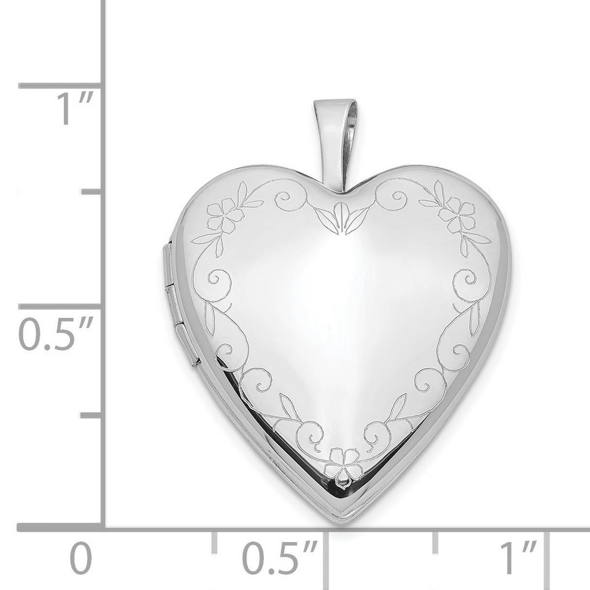 14k White Gold Heart Locket Pendant with Floral Engraving and Scrollwork for Women
