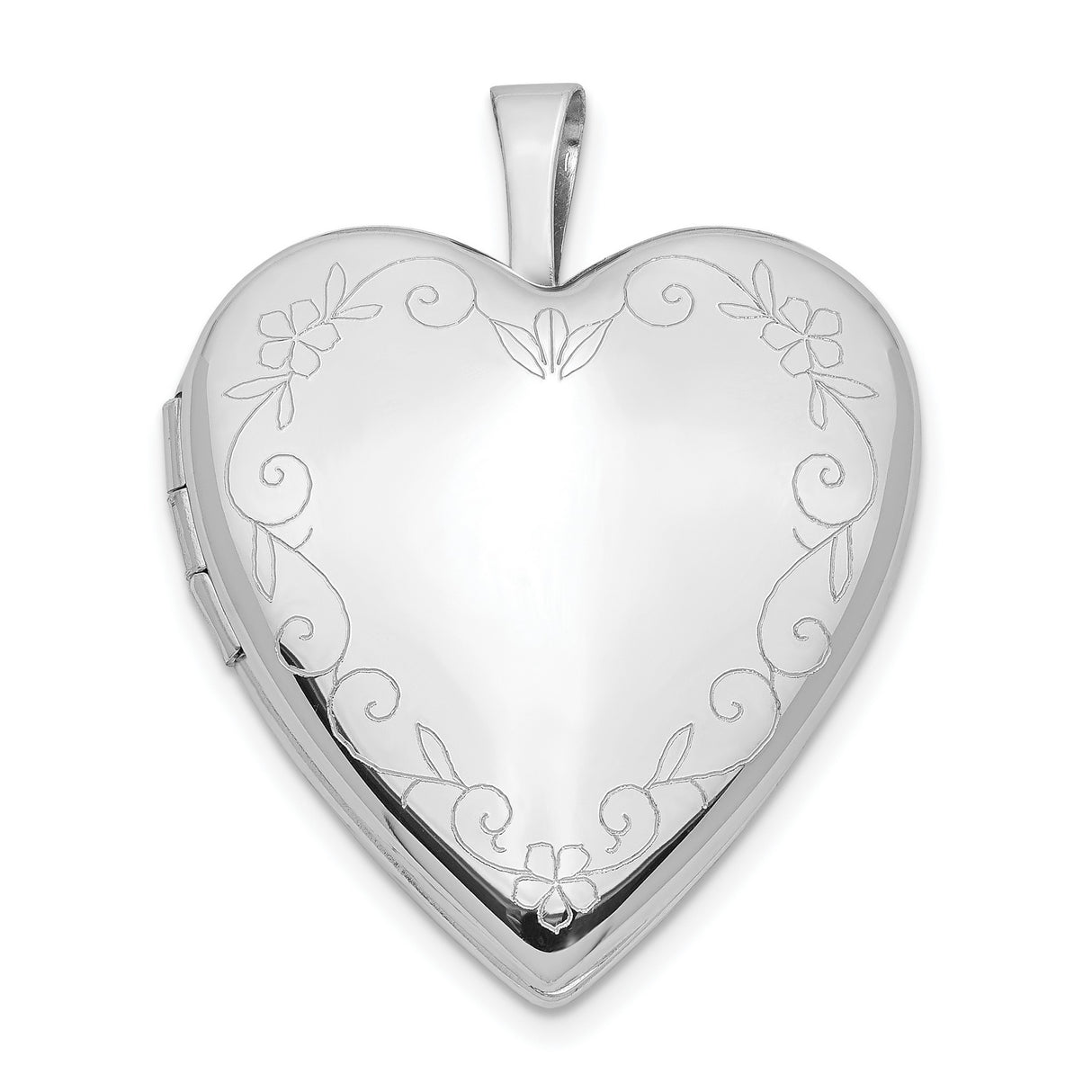 14k White Gold Heart Locket Pendant with Floral Engraving and Scrollwork for Women