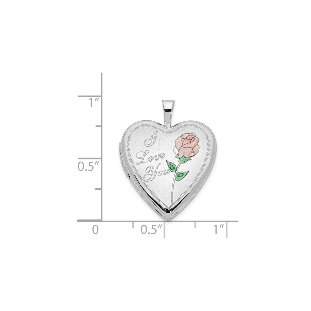 14k White Gold Heart Locket Pendant with Pink Rose and Love Message for Women