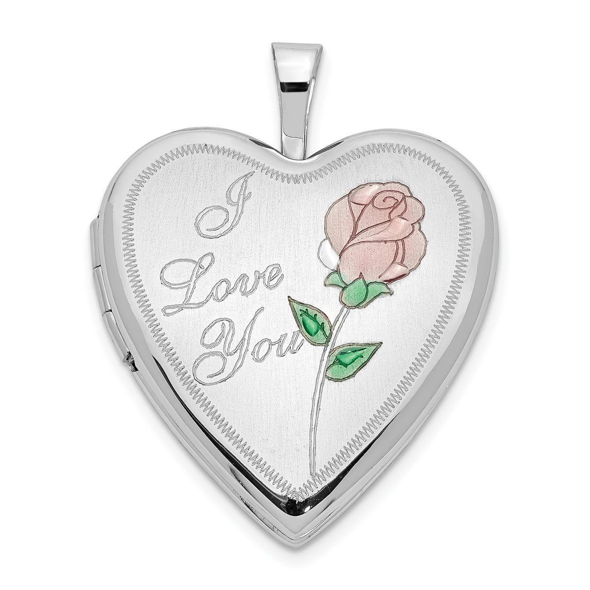 14k White Gold Heart Locket Pendant with Pink Rose and Love Message for Women