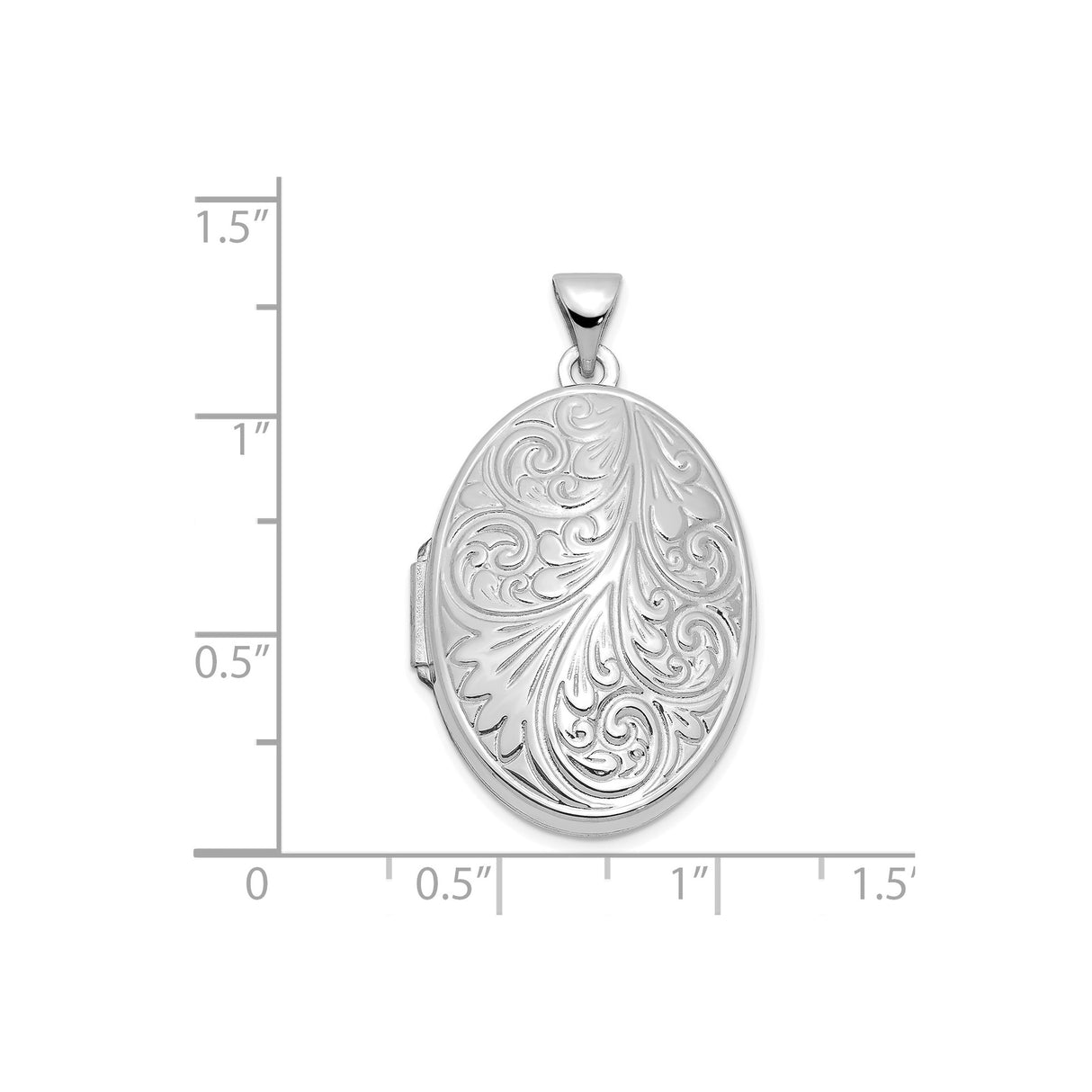 14k White Gold Oval Locket Pendant with Scrollwork Engraving, Classic Floral Design