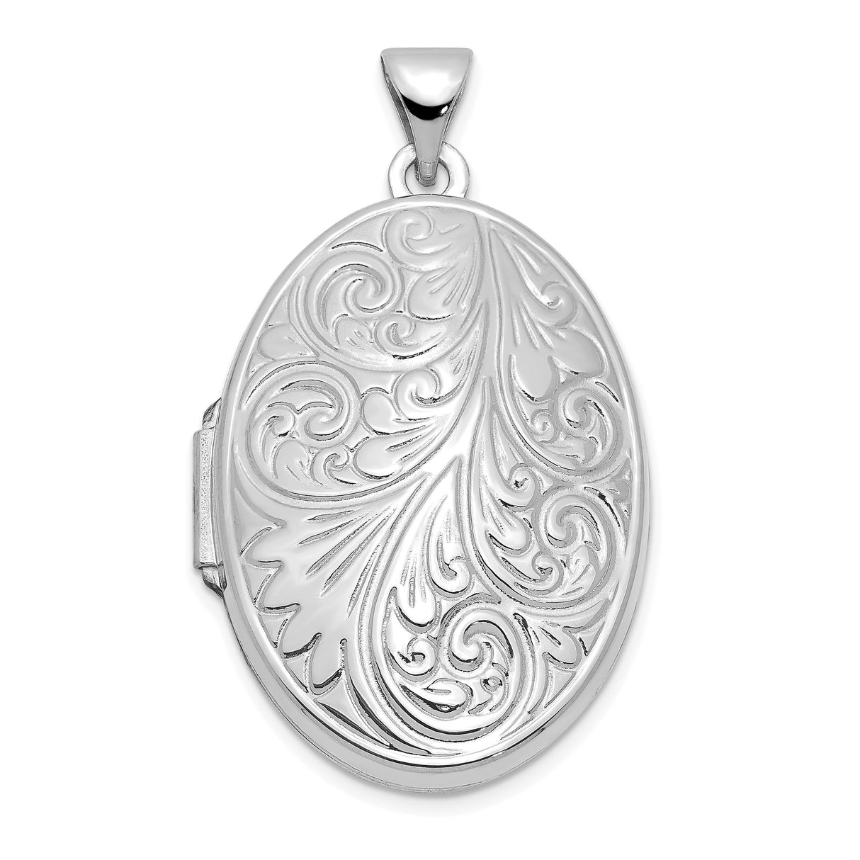 14k White Gold Oval Locket Pendant with Scrollwork Engraving, Classic Floral Design