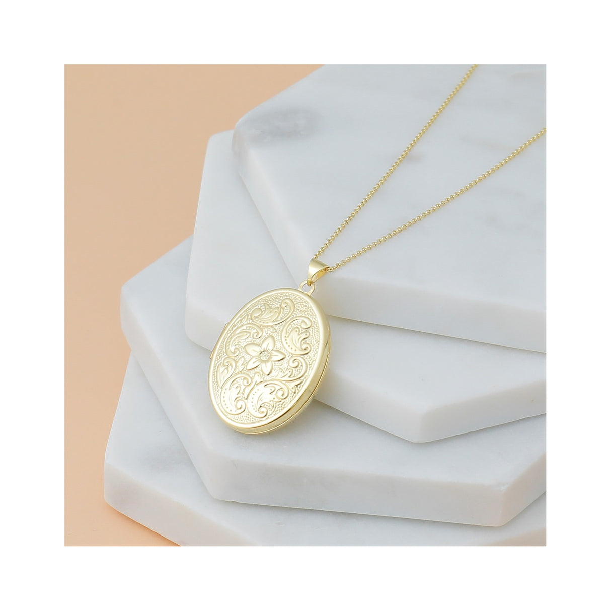 14k Yellow Gold Oval Locket Pendant with Floral Scroll and Flower Motif