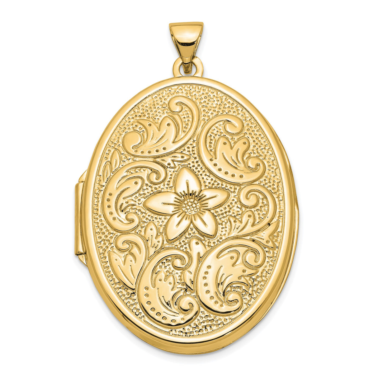 14k Yellow Gold Oval Locket Pendant with Floral Scroll and Flower Motif