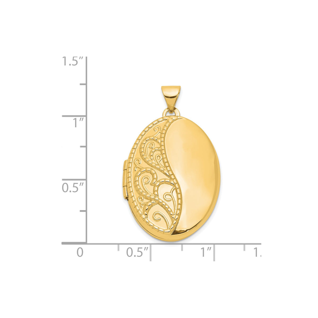 14k Yellow Gold Oval Locket Pendant with Filigree Scroll Design and Polished Finish