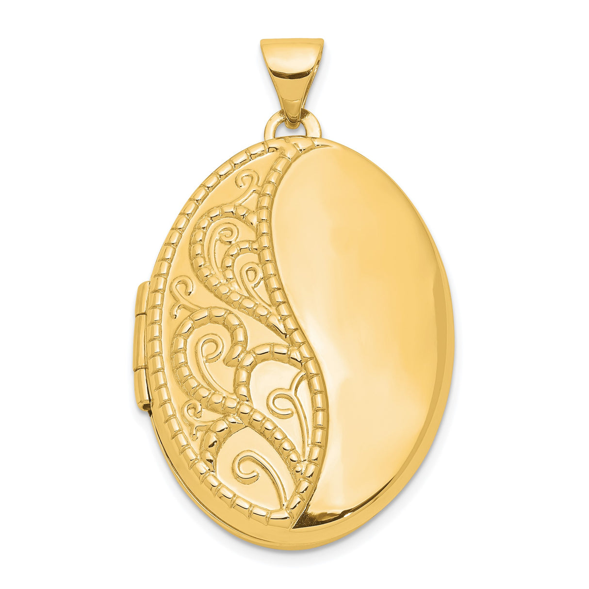 14k Yellow Gold Oval Locket Pendant with Filigree Scroll Design and Polished Finish