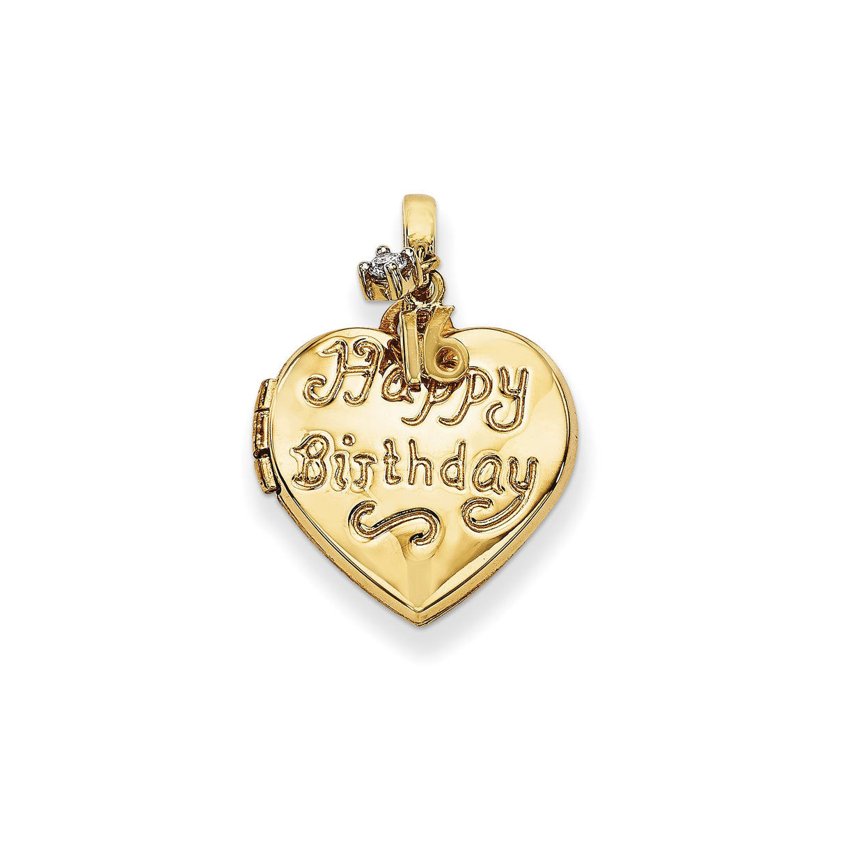 14k Yellow Gold Heart Locket Pendant with Cubic Zirconia, Happy Birthday and Number 16 Charm