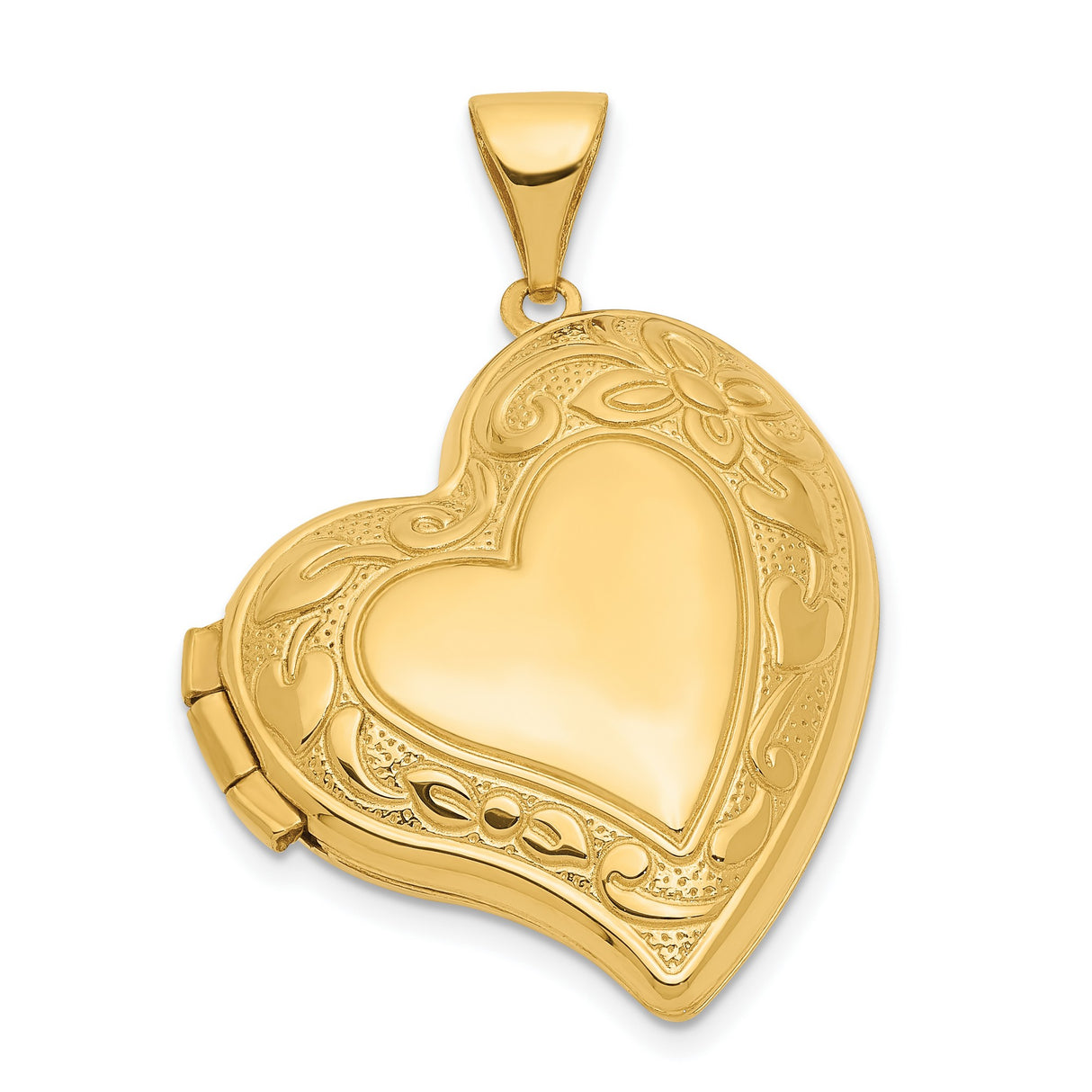 14k Yellow Gold Heart Locket Pendant with Floral and Swirl Engraving, Openable Photo Charm