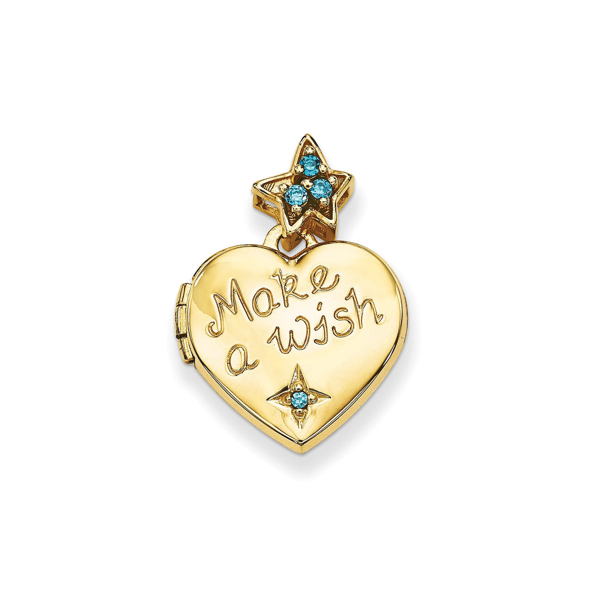 14k Yellow Gold Heart Locket Pendant with Cubic Zirconia, Make a Wish Star Design