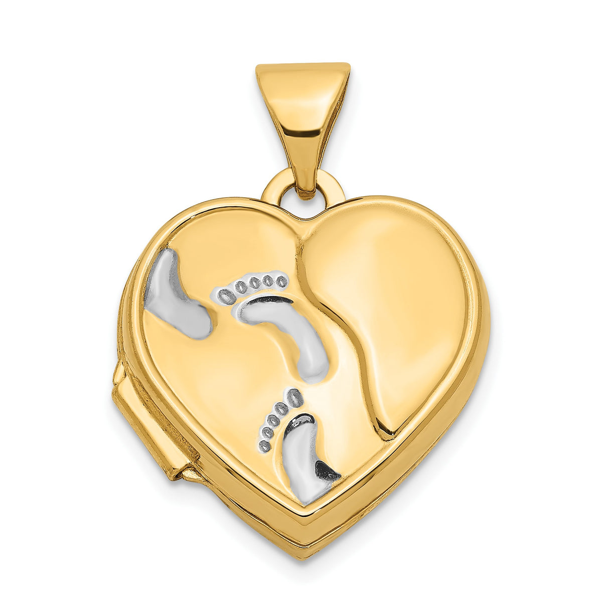 14k Multi-Tone Gold Heart Locket Pendant with Embossed Baby Footprints, Motherhood Theme