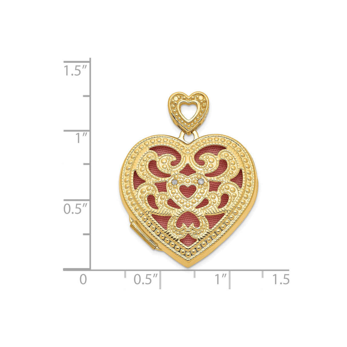 14k Yellow Gold Heart Locket Pendant with Diamond and Red Enamel Filigree Design