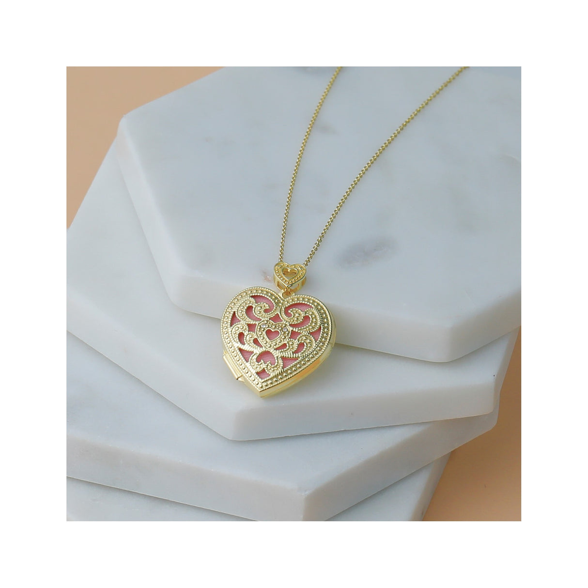 14k Yellow Gold Heart Locket Pendant with Diamond and Red Enamel Filigree Design