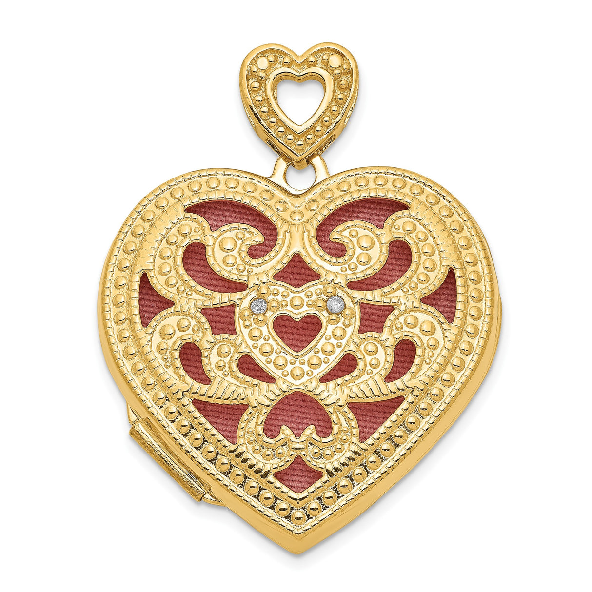 14k Yellow Gold Heart Locket Pendant with Diamond and Red Enamel Filigree Design