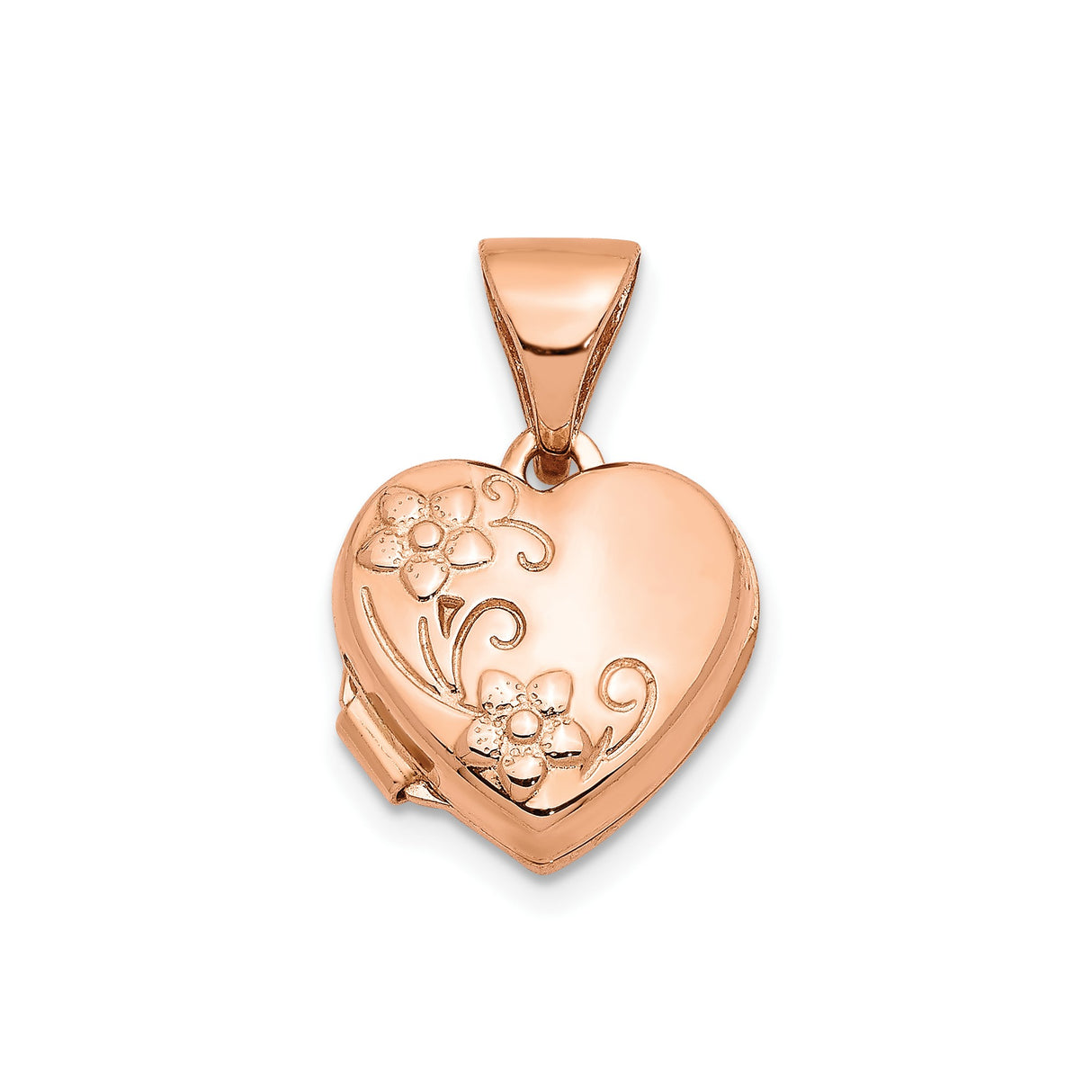 14k Rose Gold Heart Locket Pendant with Floral Scrollwork Design, Small Keepsake Jewelry for Women