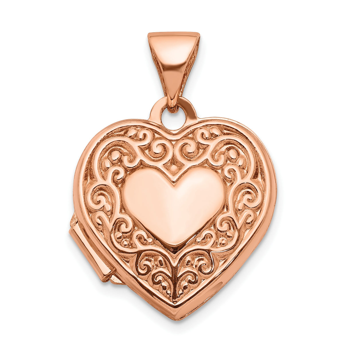 14k Rose Gold Heart Locket Pendant with Scrollwork Design, Vintage Style Jewelry for Women