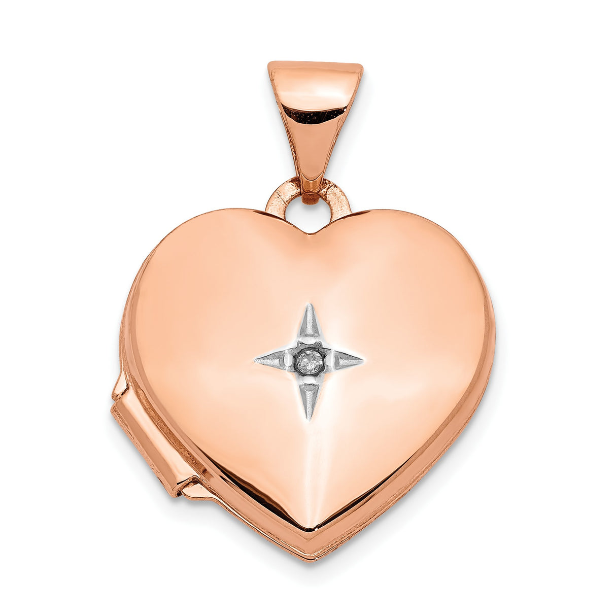 14k Rose Gold Heart Locket Pendant with Diamond Starburst Design, Openable Photo Keepsake