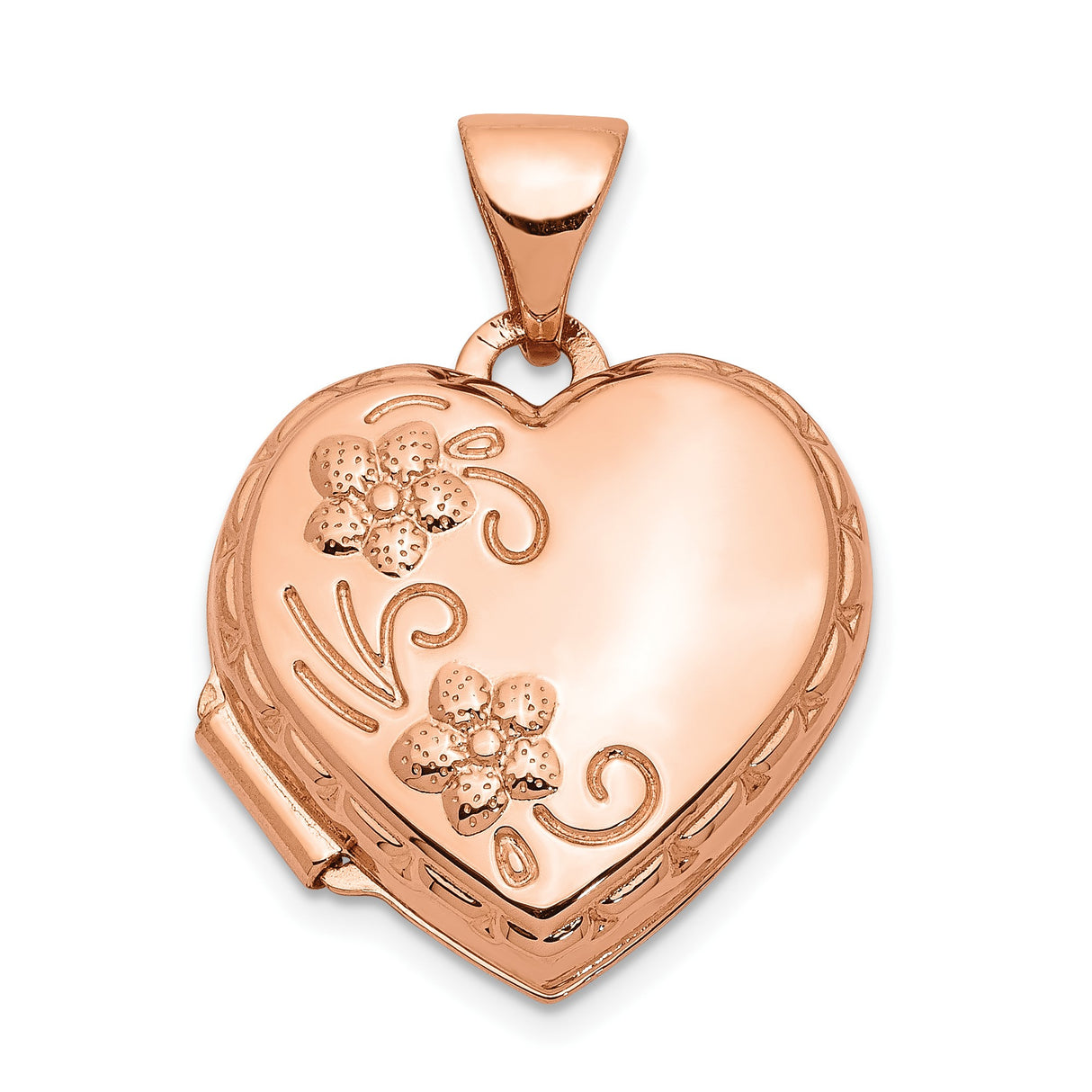 14k Rose Gold Heart Locket Pendant with Floral Design and Decorative Border for Women