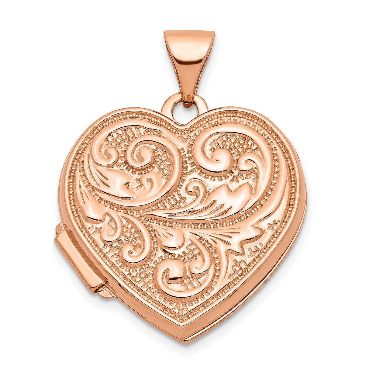 14k Rose Gold Heart Locket Pendant with Floral Scrollwork, Vintage-Inspired Keepsake Jewelry