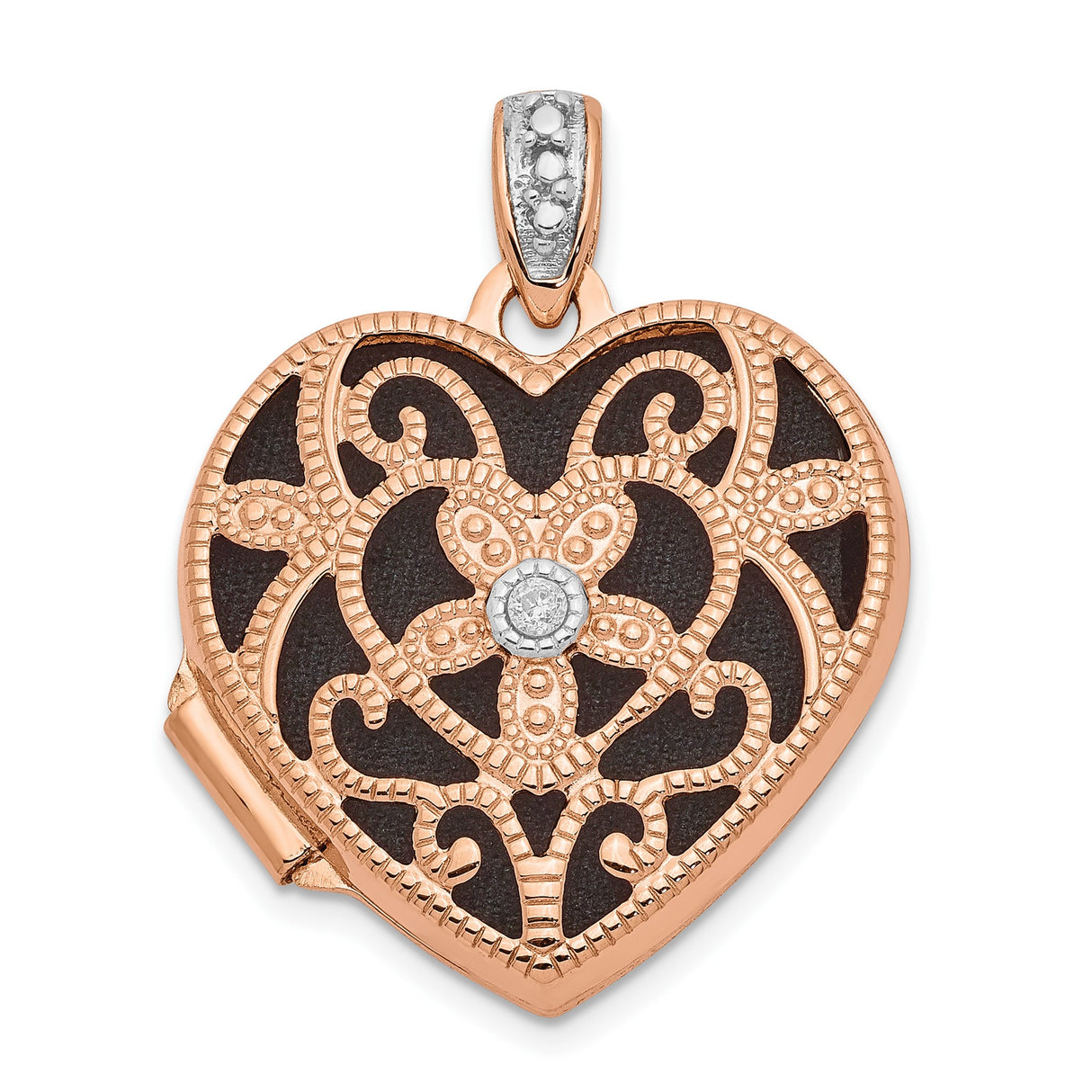 14k Rose Gold Heart Locket Pendant with Diamond Accent, Filigree Floral Design, Vintage Style