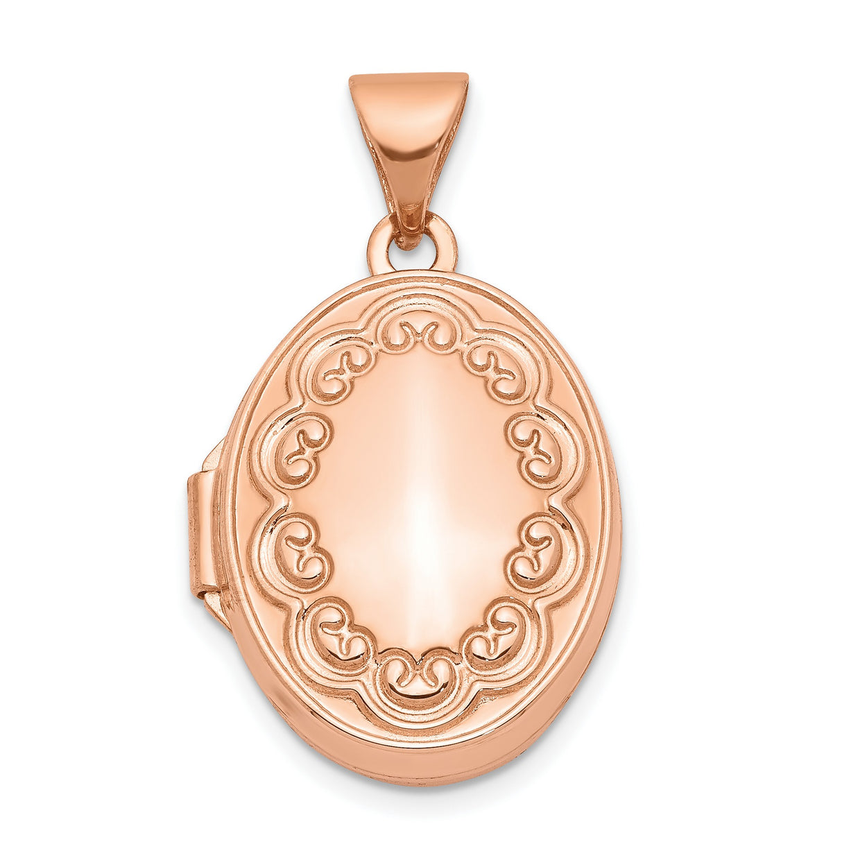 14k Rose Gold Oval Locket Pendant with Filigree Scroll Design, Vintage Style for Women