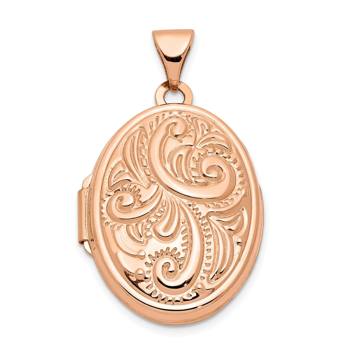 14k Rose Gold Oval Locket Pendant with Floral Scroll Engraving, Vintage Inspired Keepsake Jewelry
