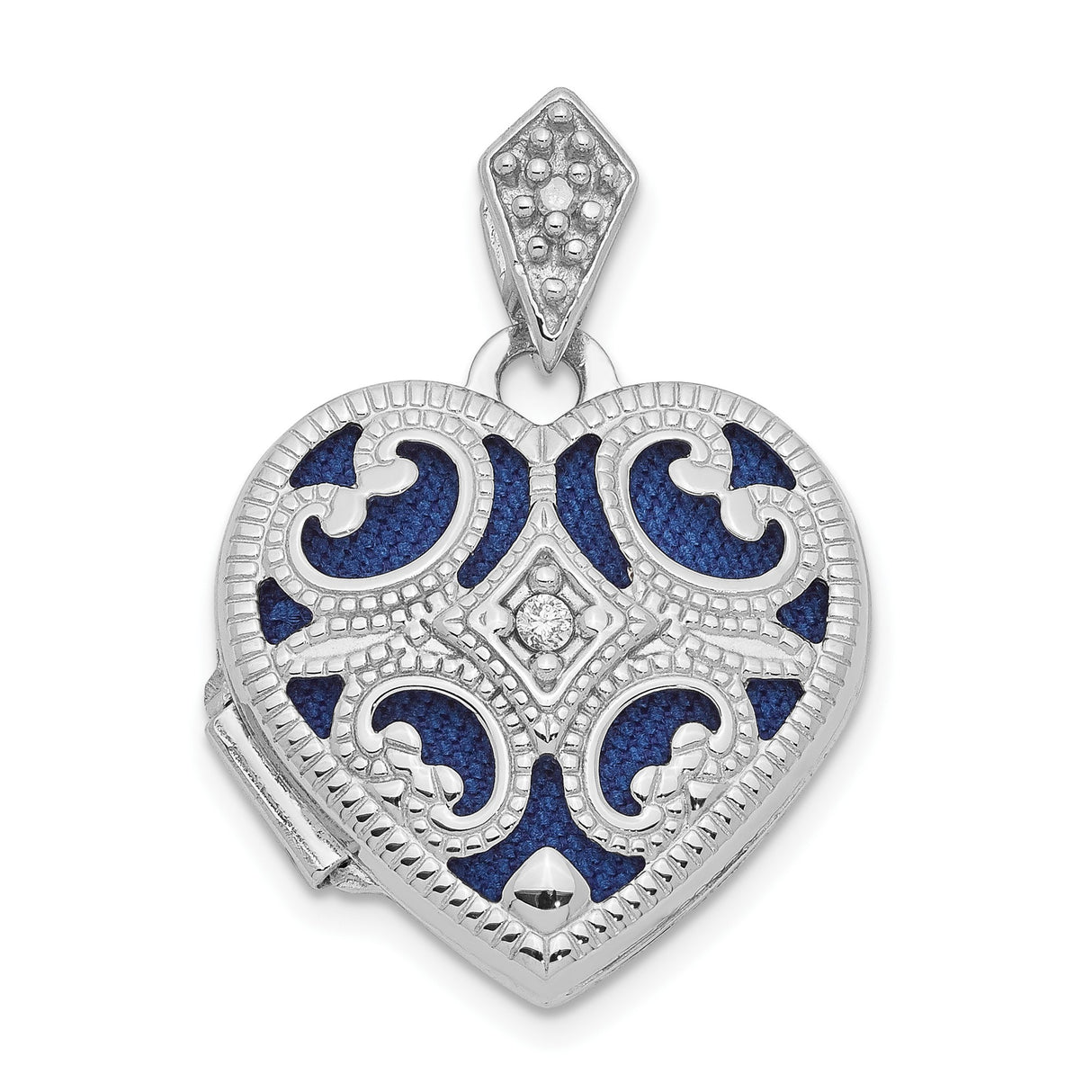 14k White Gold Heart Locket Pendant with Diamond Accent, Blue Enamel Scrollwork Design