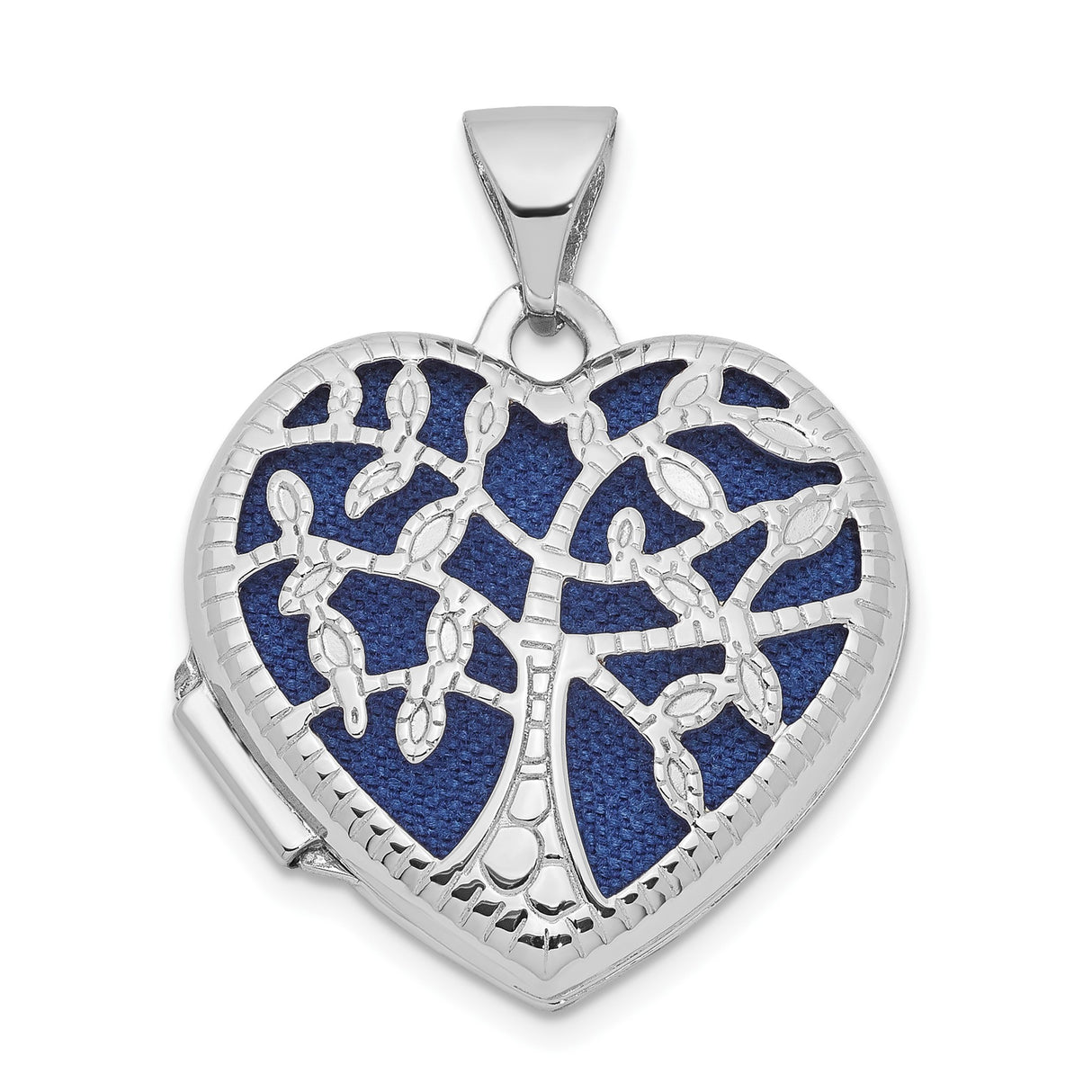 14k White Gold Heart Locket Pendant with Tree of Life on Blue Enamel Background