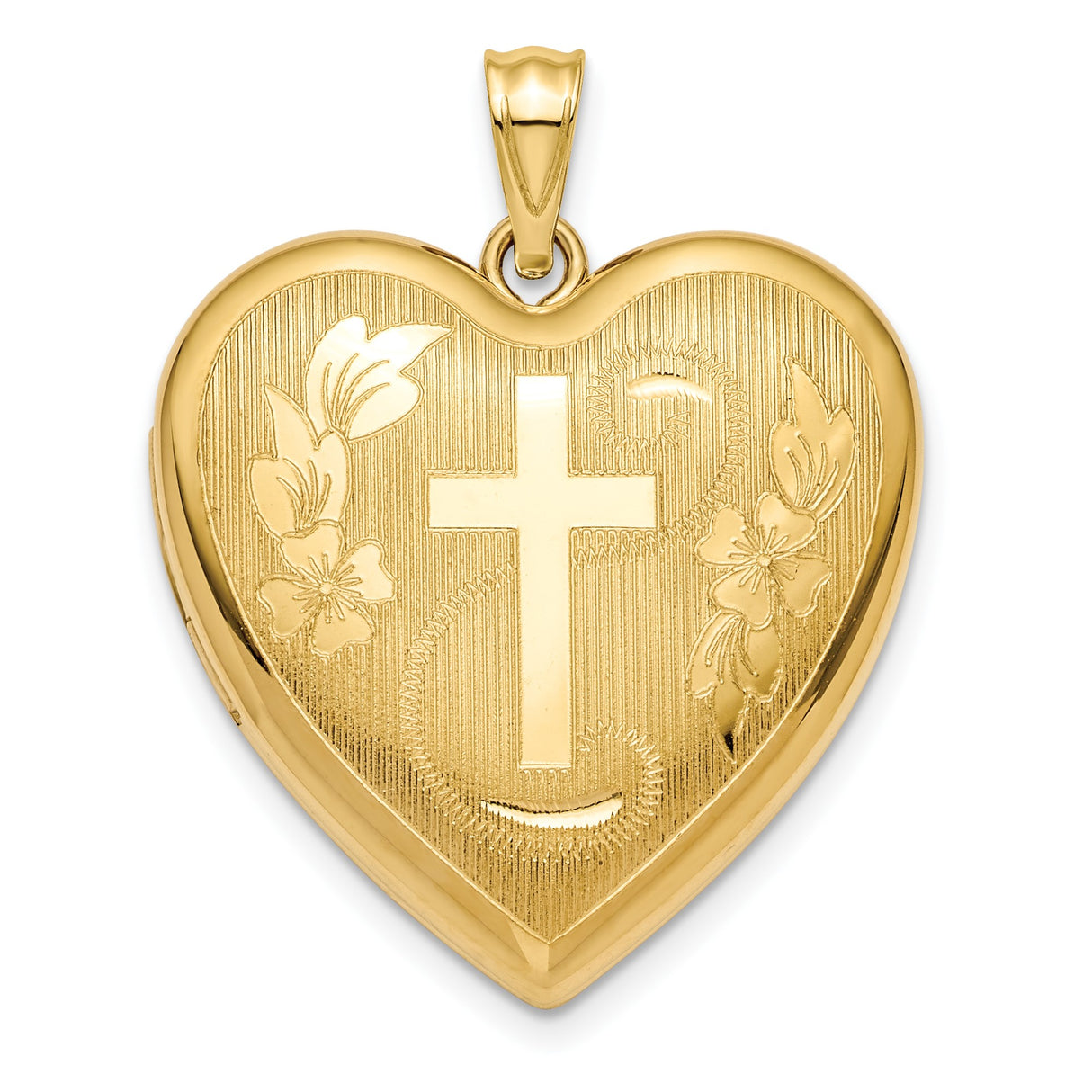 14k Yellow Gold Heart Locket Pendant with Cross and Floral Design for Women