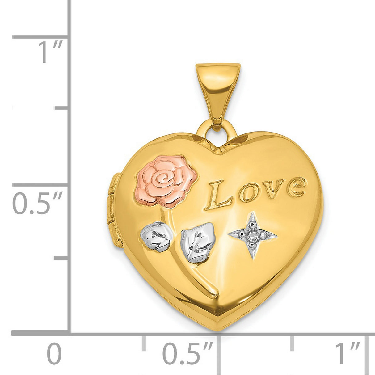 14k Multi-Tone Gold Heart Locket Pendant with Diamond Accent, Rose Design and Love Inscription