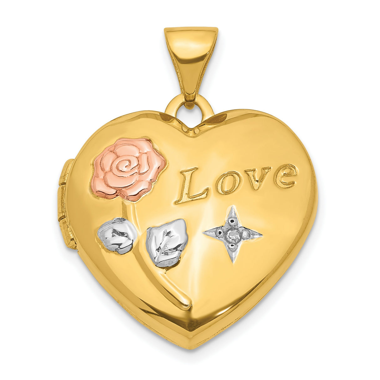 14k Multi-Tone Gold Heart Locket Pendant with Diamond Accent, Rose Design and Love Inscription