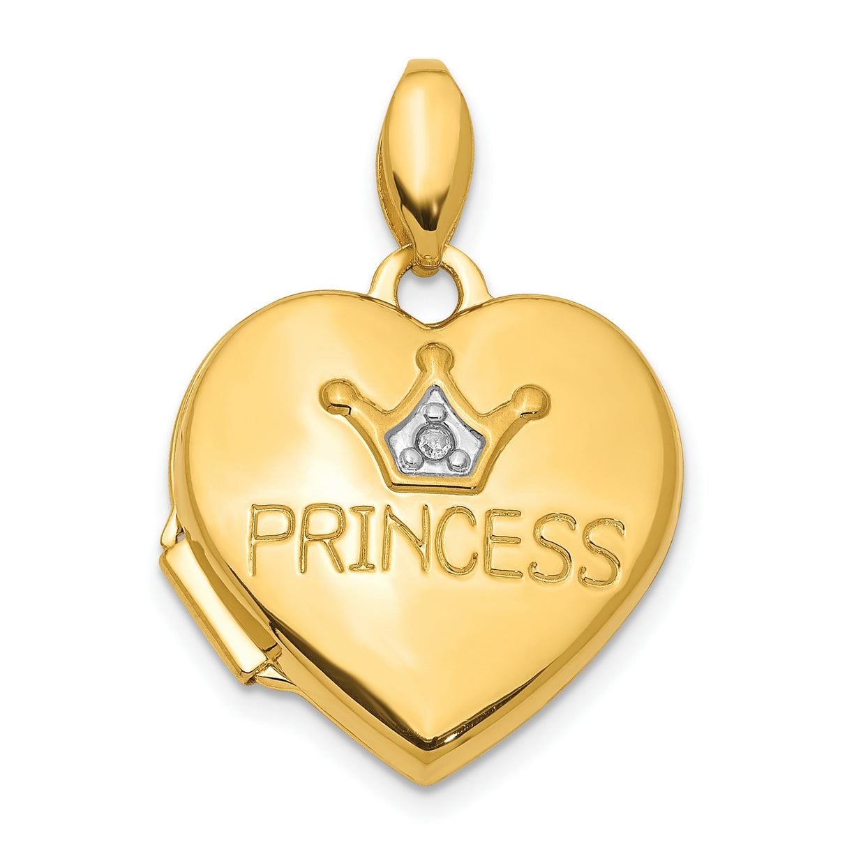 14k Yellow Gold Heart Locket Pendant with Crown Engraving and Diamond for Girls