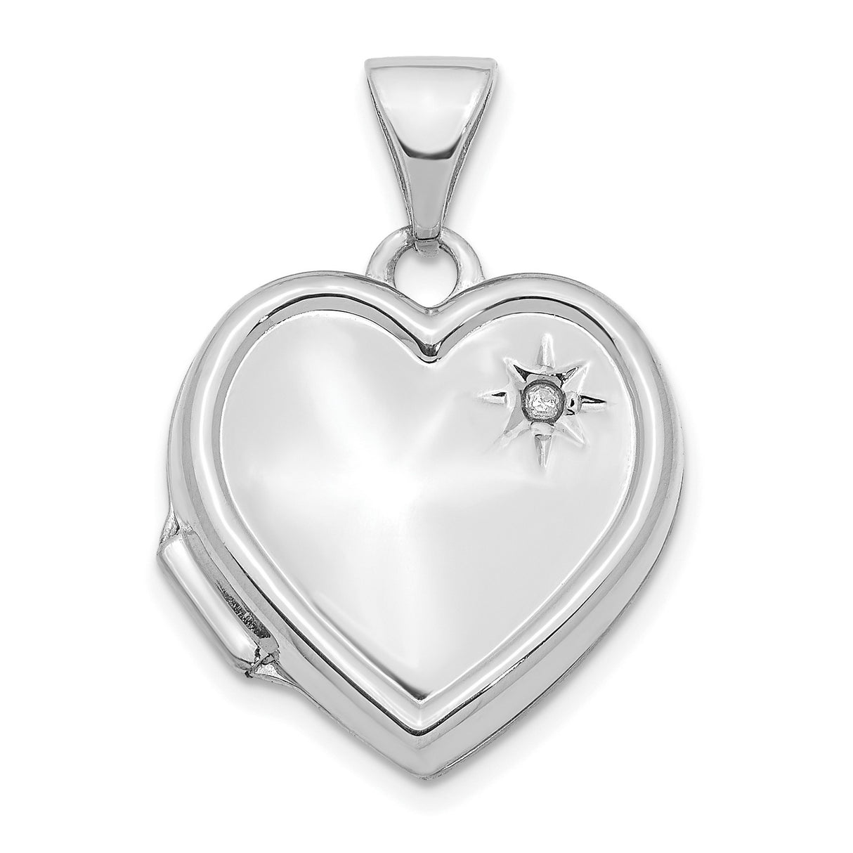 14k White Gold Heart Locket Pendant with Starburst Design and Diamond Accent