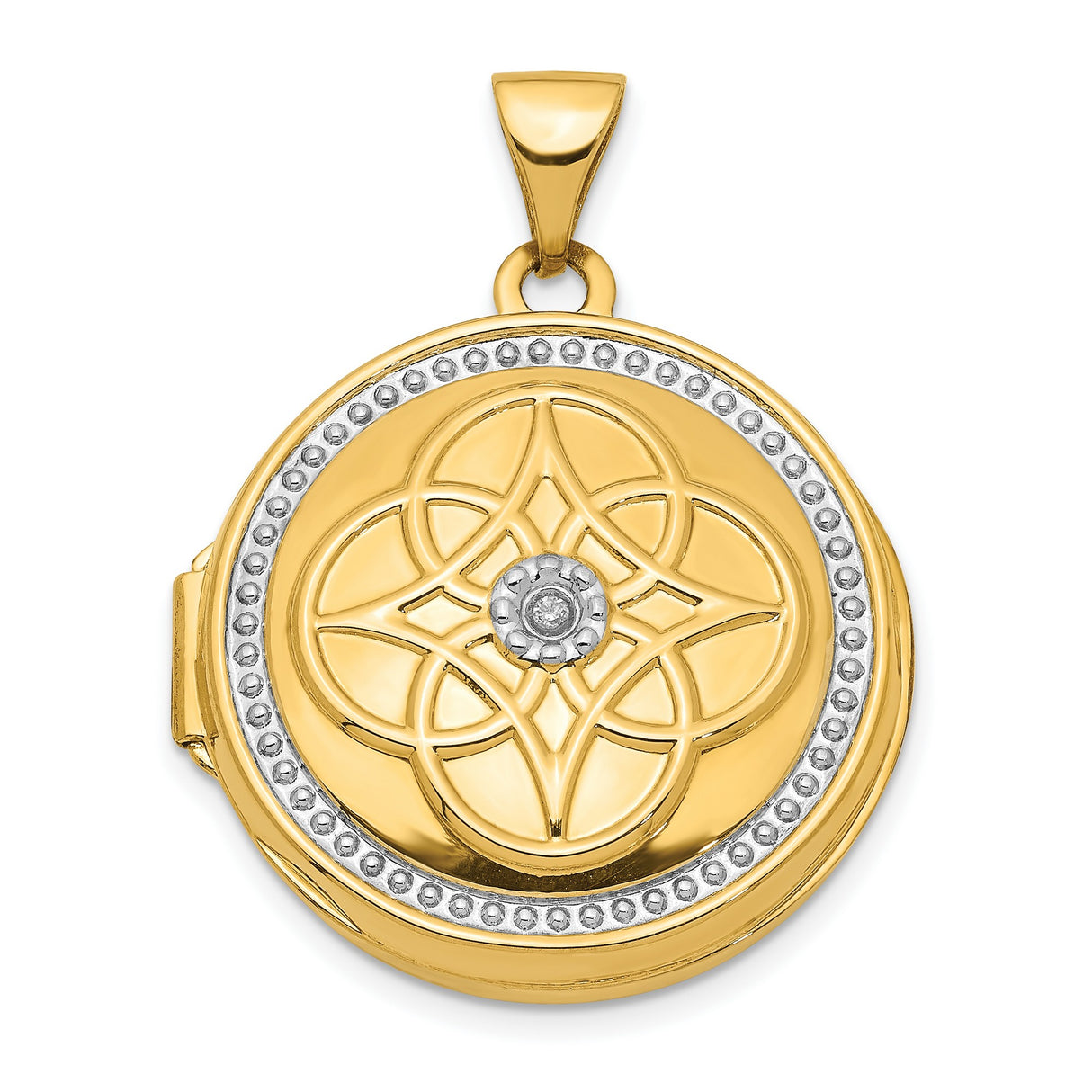14k Multi-Tone Gold Round Locket Pendant with Diamond Accent, Celtic Knot and Milgrain Detailing