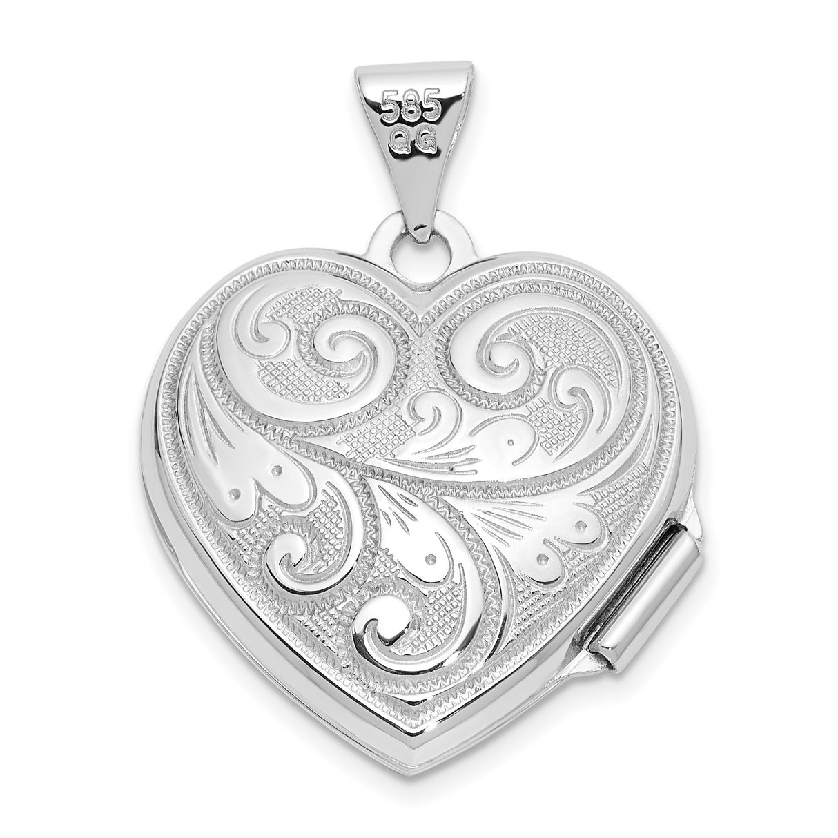 14k White Gold Heart Locket Pendant with Intricate Filigree Scrollwork for Women