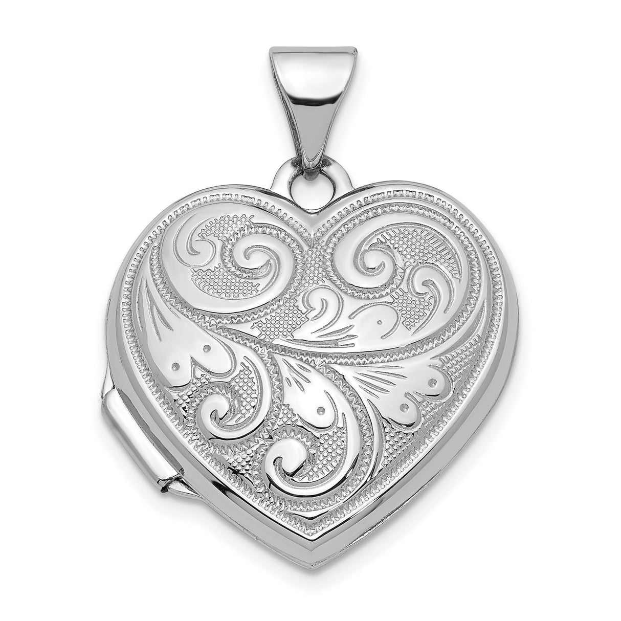 14k White Gold Heart Locket Pendant with Intricate Filigree Scrollwork for Women