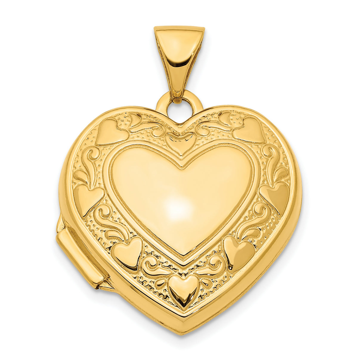 14k Yellow Gold Heart Locket Pendant with Scrollwork and Multi Heart Motif