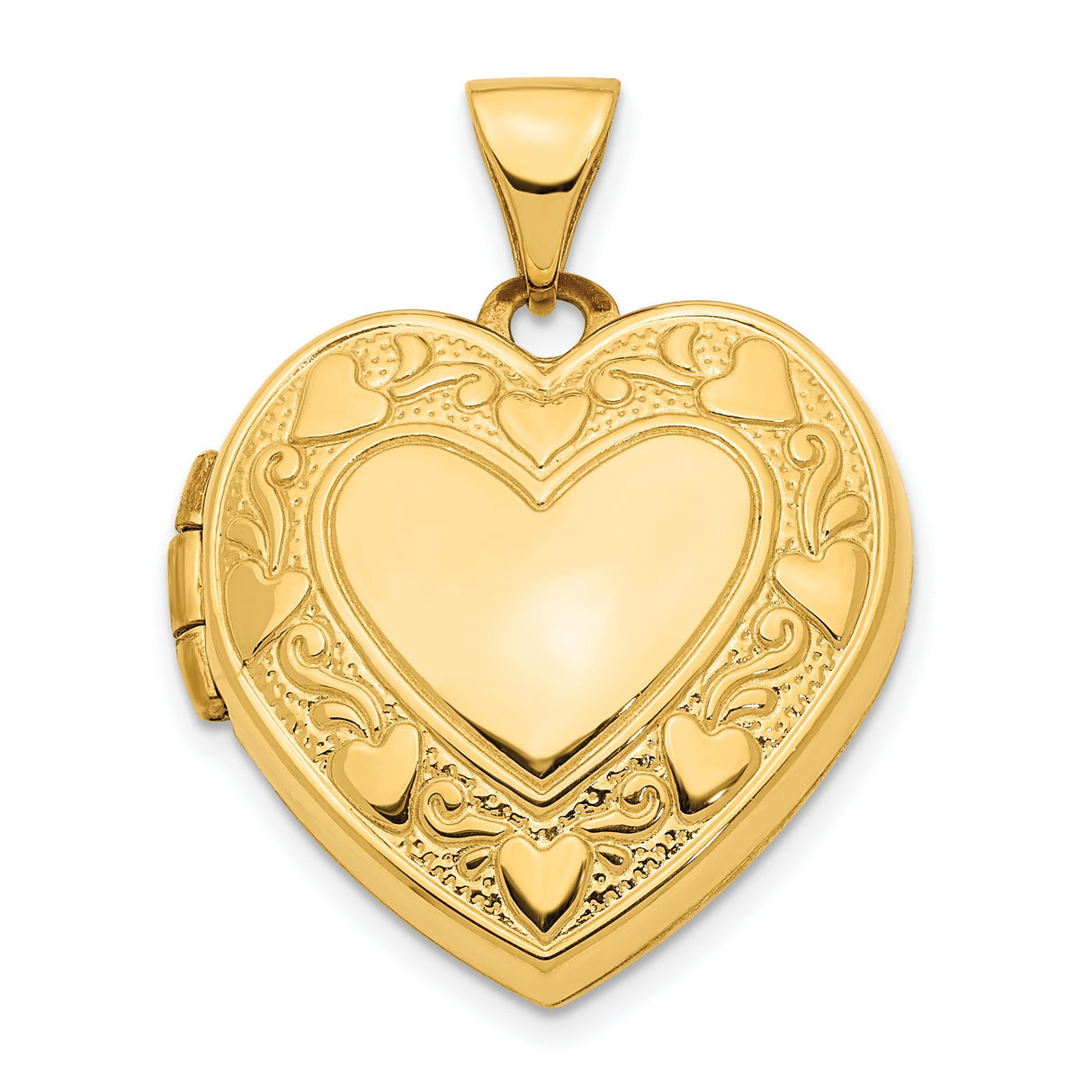 14k Yellow Gold Heart Locket Pendant with Embossed Scroll Design for Women