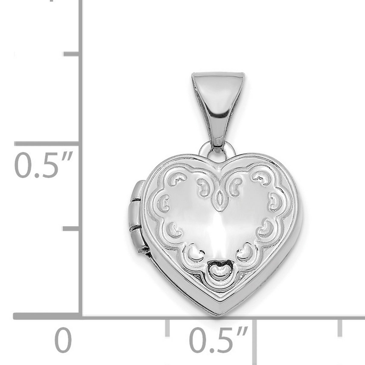 14k White Gold Heart Locket Pendant with Scroll Pattern, Photo Holder Charm for Women