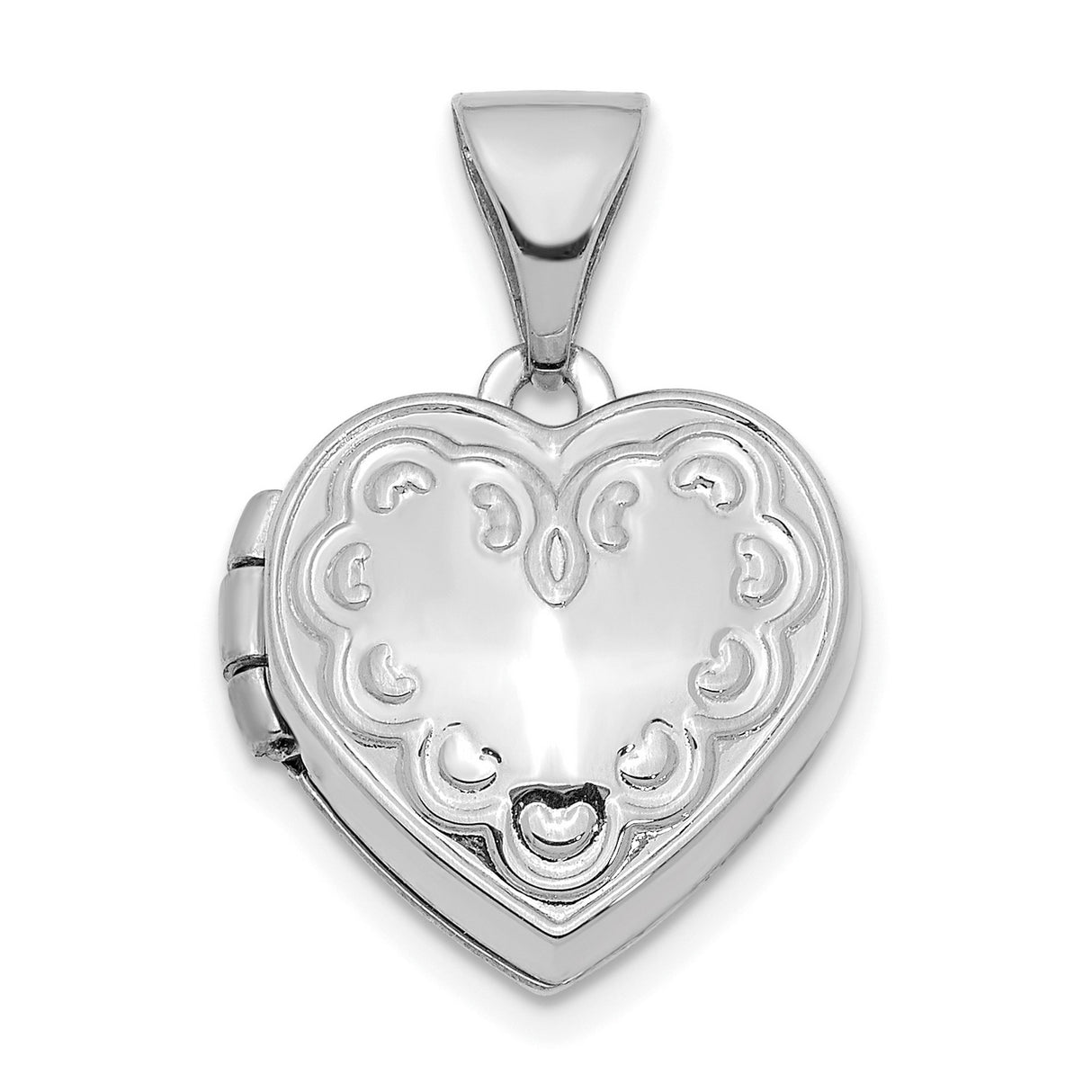 14k White Gold Heart Locket Pendant with Scroll Pattern, Photo Holder Charm for Women