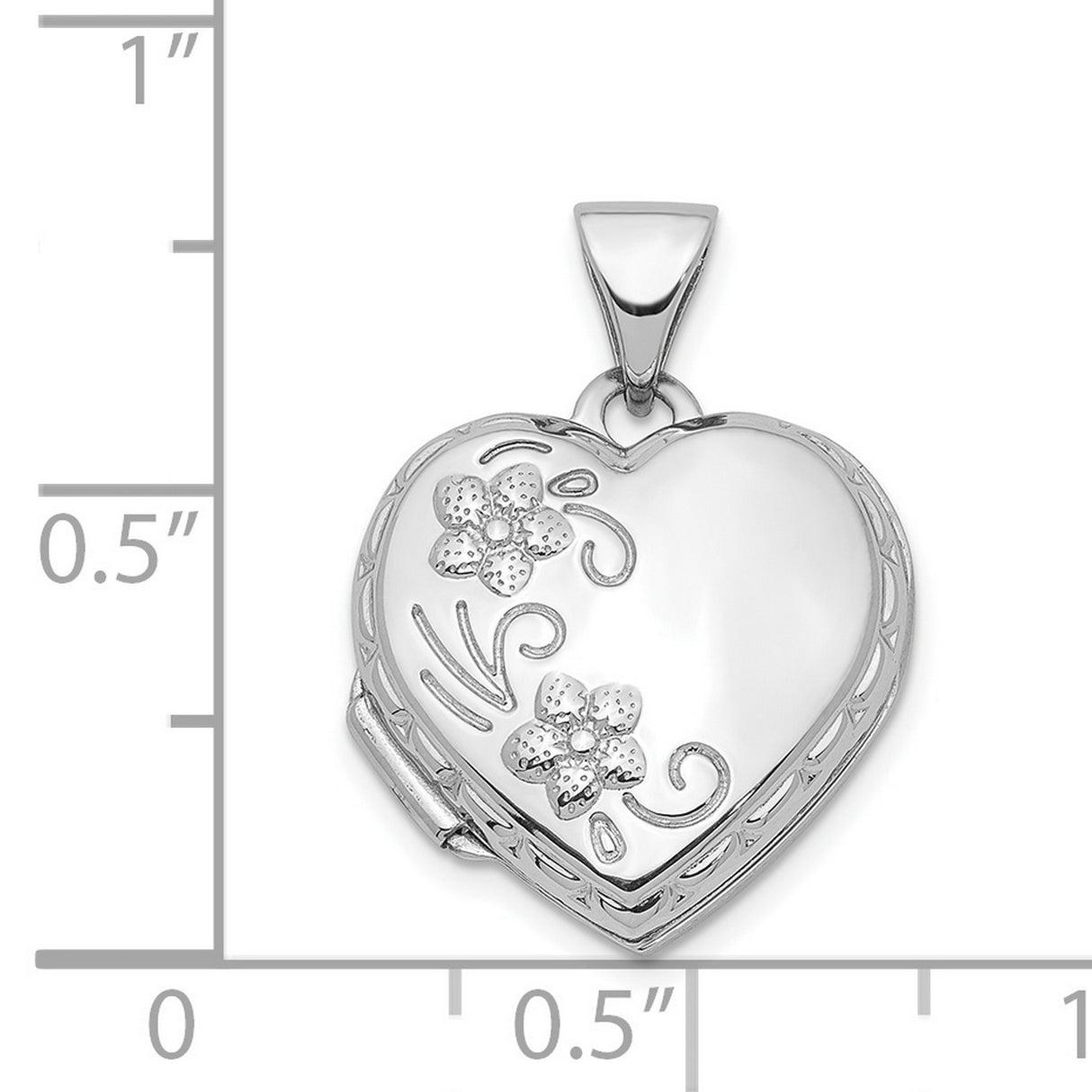 14k White Gold Heart Locket Pendant with Floral Design and Filigree Border for Women