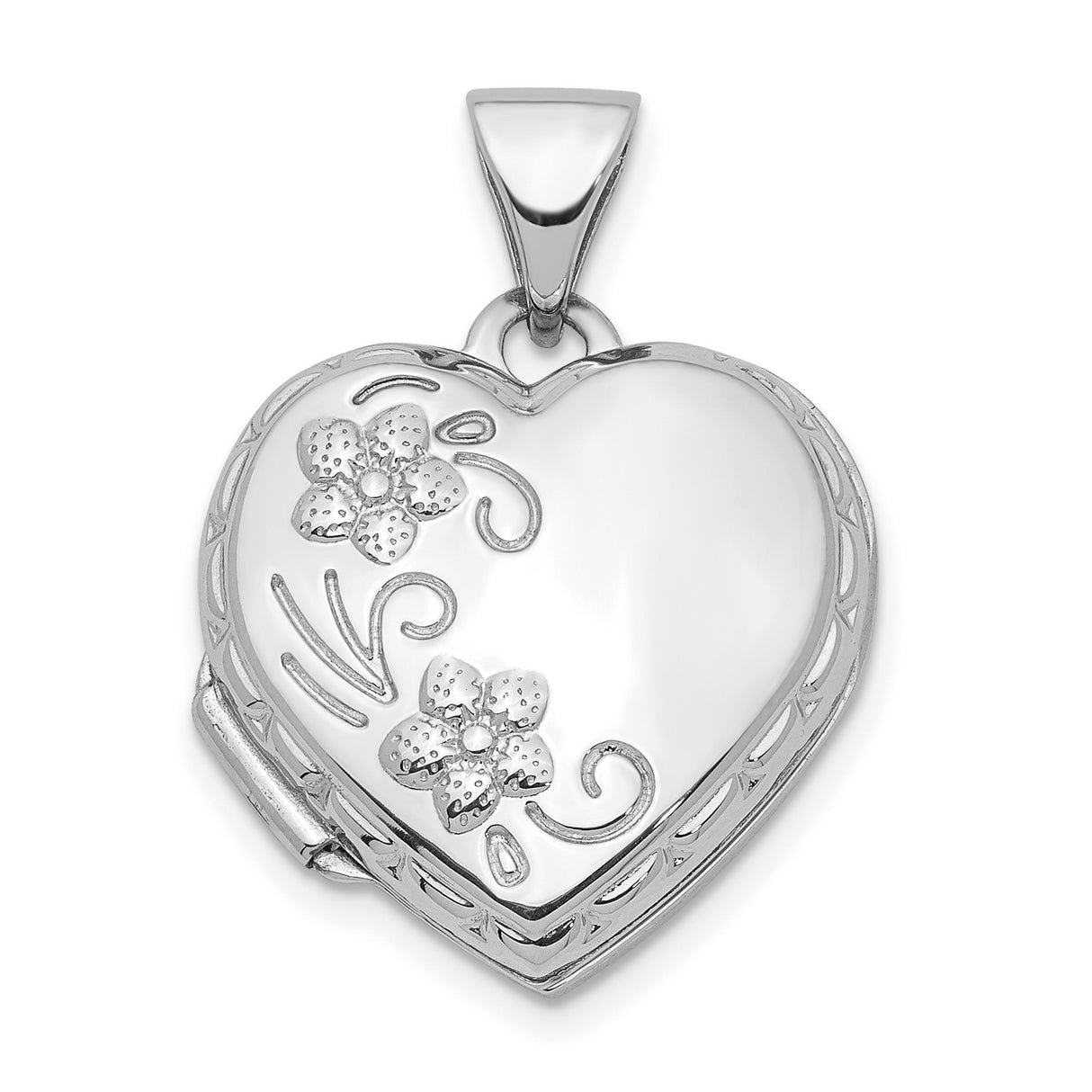 14k White Gold Heart Locket Pendant with Floral Design and Filigree Border for Women