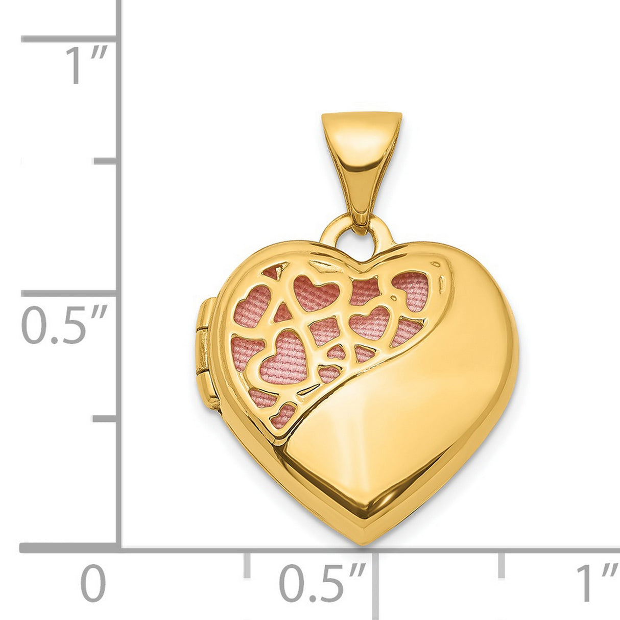 14k Yellow Gold Heart Locket Pendant with Filigree Design and Pink Background