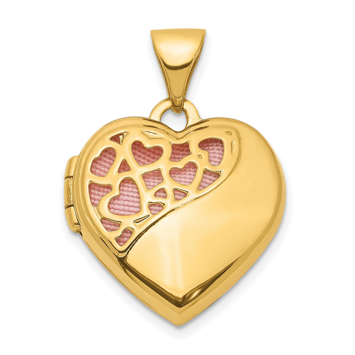 14k Yellow Gold Heart Locket Pendant with Filigree Design and Pink Background