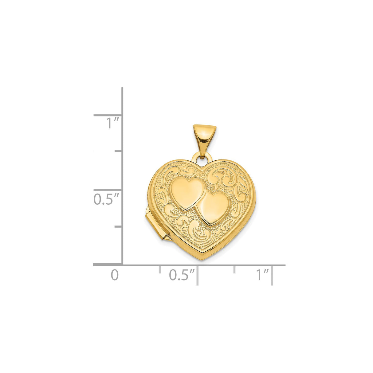 14k Yellow Gold Heart Locket Pendant with Embossed Two Hearts and Scroll Detailing