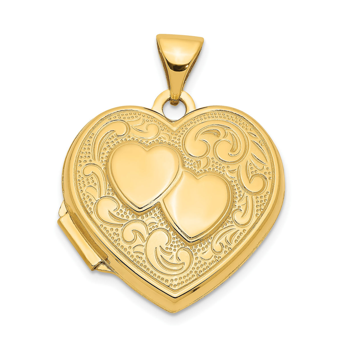 14k Yellow Gold Heart Locket Pendant with Embossed Two Hearts and Scroll Detailing