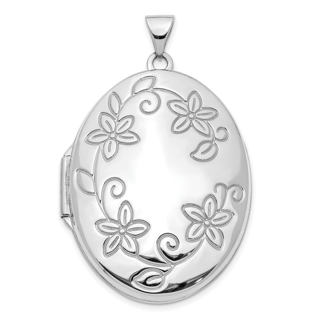 14k White Gold Oval Photo Locket Pendant with Floral Vine Design
